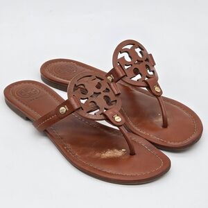 Tory Burch Miller Women’s Sz 8M Brown Leather Slide On Sandals Designer Vacation